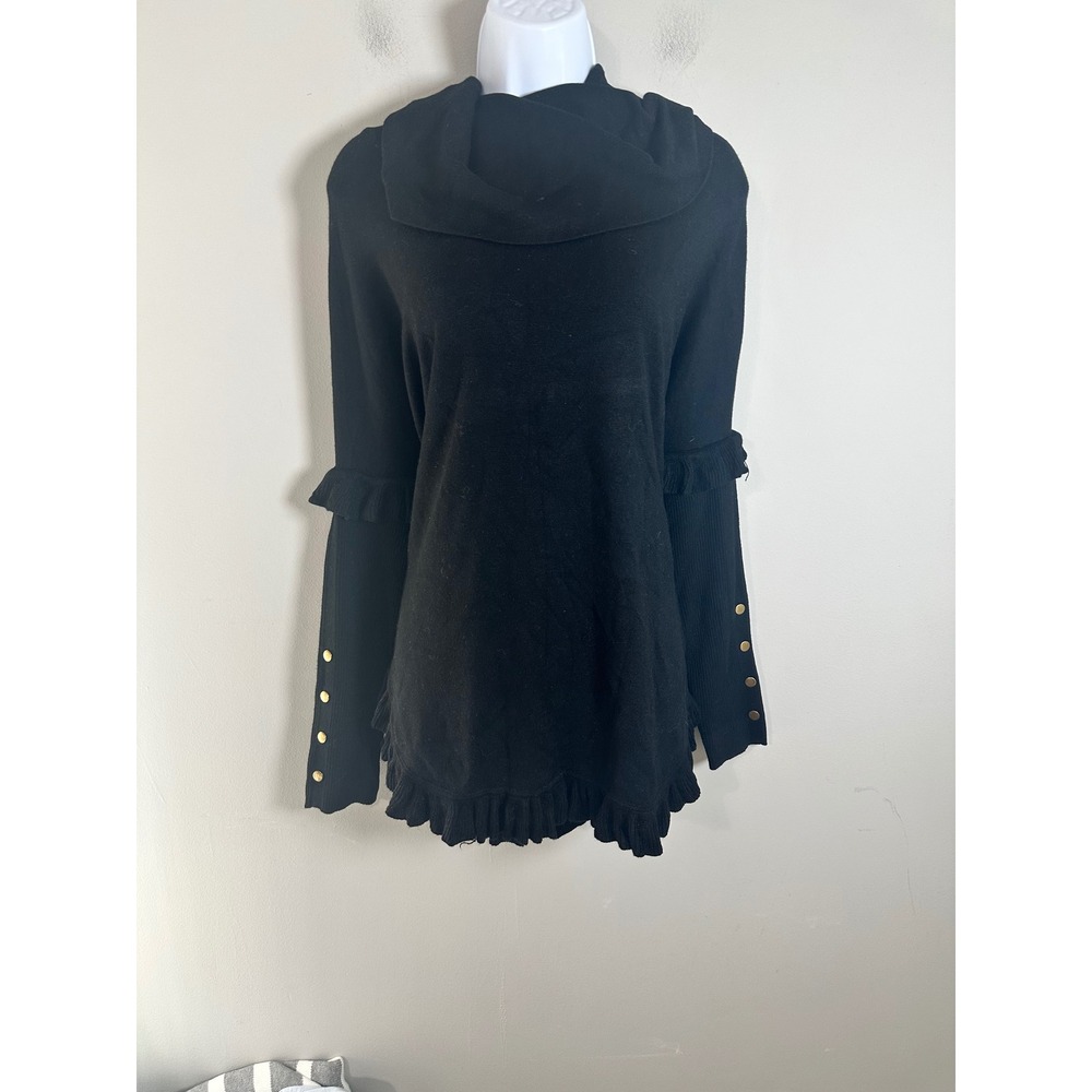 Joseph A. Black Cowl Neck Ruffle Tunic Sweater Gold Buttons Small